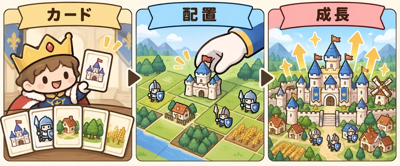 9 Kingsの攻略を考える概念図：王の選択・配置・カードと王国育成