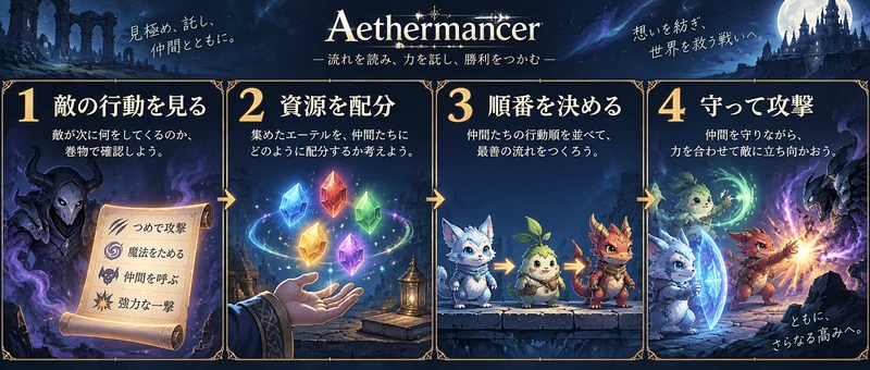 Aethermancerの戦闘準備:敵の行動、Aetherの配分、味方の行動順、防御と攻撃