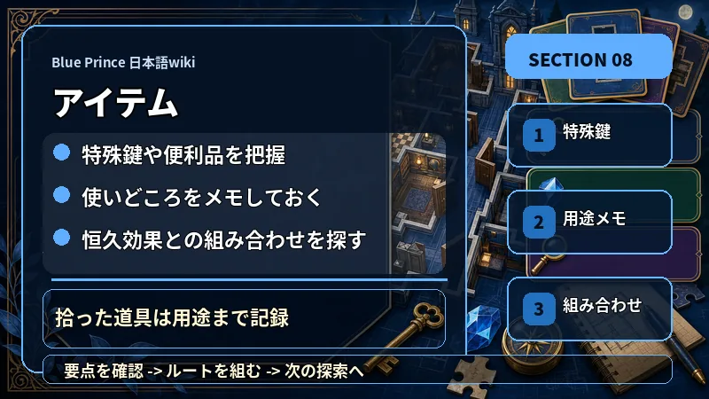 Blue Prince 日本語wikiのアイテムで特殊鍵や便利品を把握、使いどころをメモしておく、恒久効果との組み合わせを探すを説明するテキスト入り図解