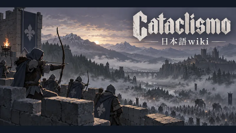 霧の谷を見下ろす石造の城壁と弓兵:Cataclismo 日本語wiki