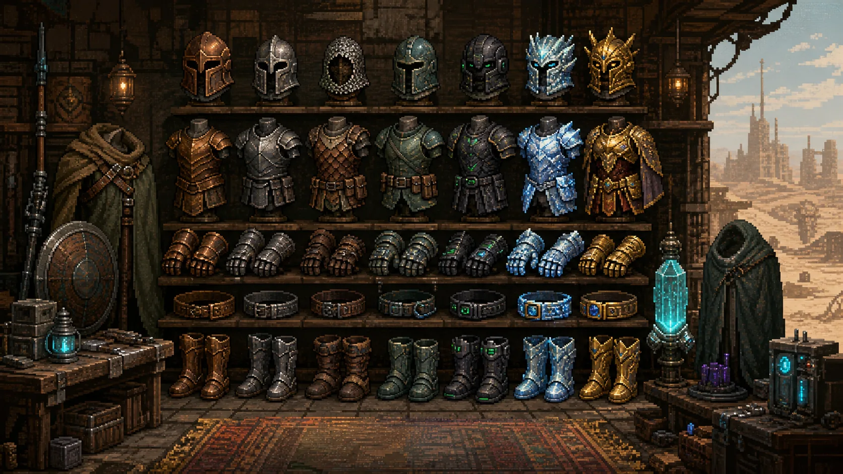 Caves of Qudの防具スロット、素材ティア、遺物防具をイメージした画像