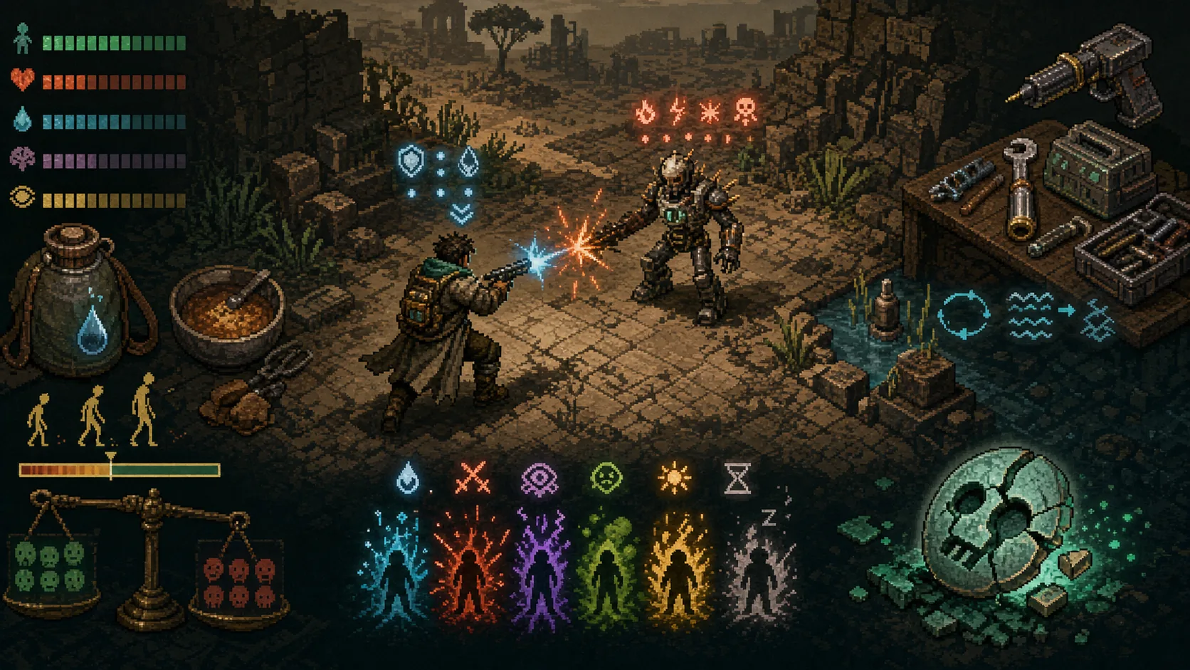 Caves of Qudの戦闘、水経済、評判、ティンカリングをイメージした画像