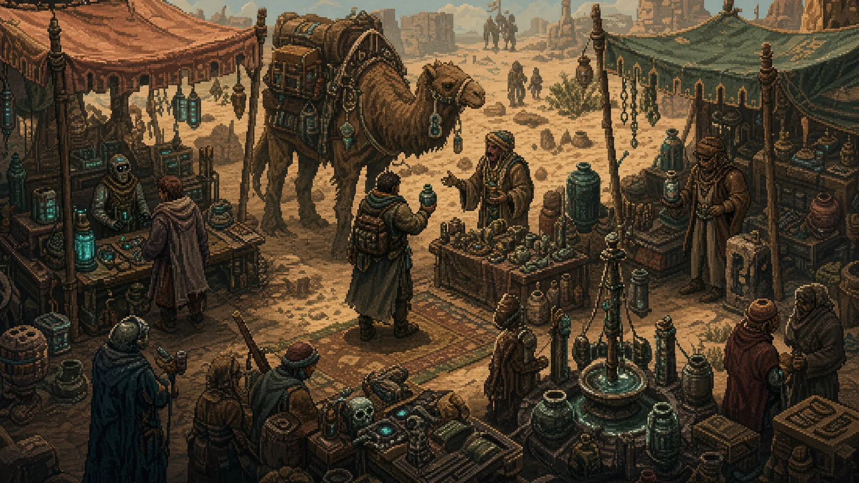 Caves of Qudの商人、ショップ、キャラバン取引をイメージした画像