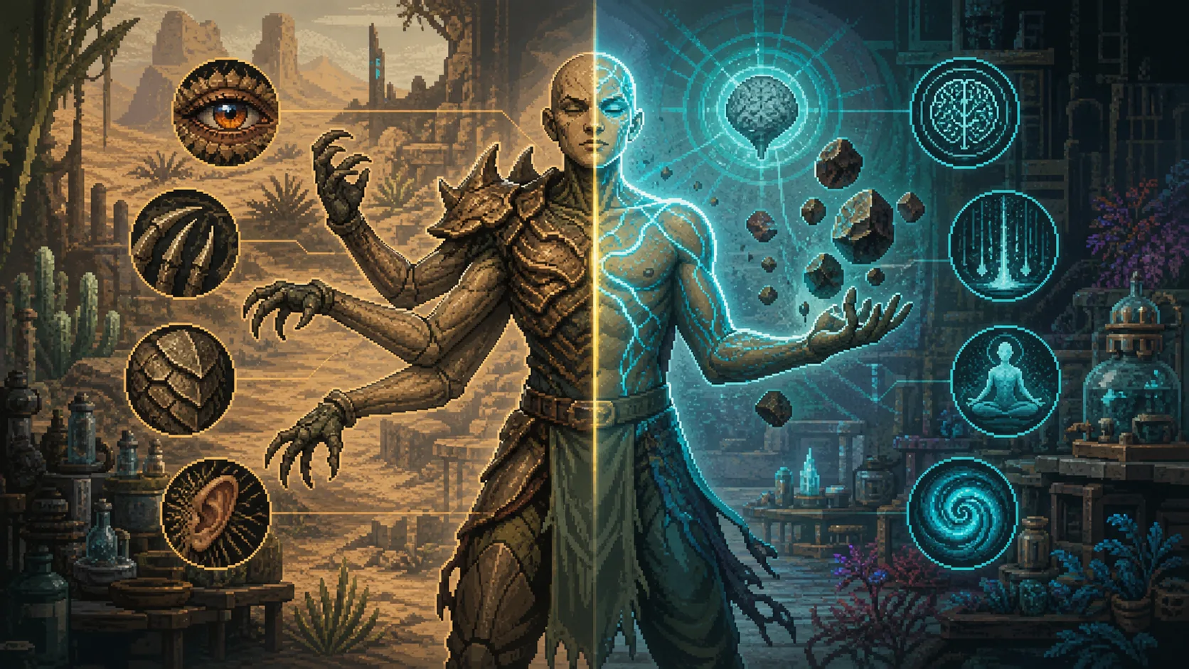 Caves of Qudの身体変異と精神変異を対比したイメージ画像