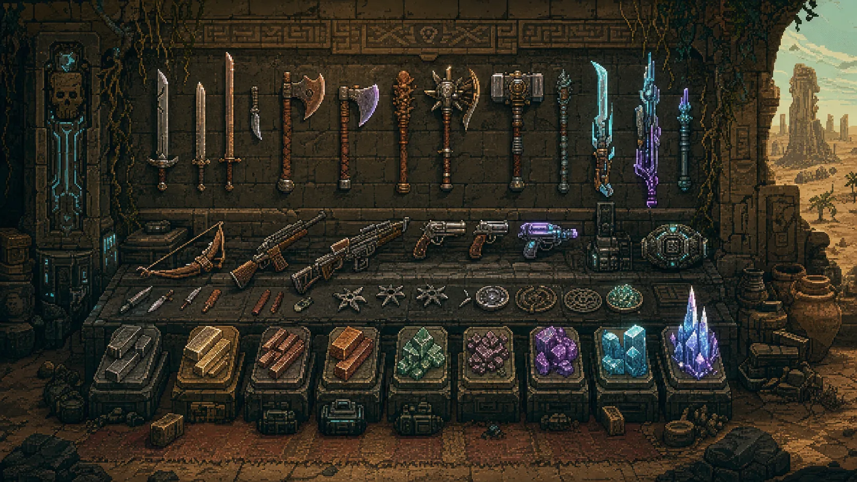 Caves of Qudの武器カテゴリ、素材ティア、遠近武器をイメージした画像