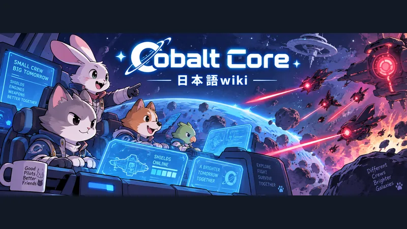 宇宙船の乗員とシールド・射線を描いた戦闘のイメージ:Cobalt Core 日本語wiki