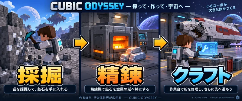Cubic Odysseyの攻略を考える概念図：採掘・クラフト・惑星探索と拠点