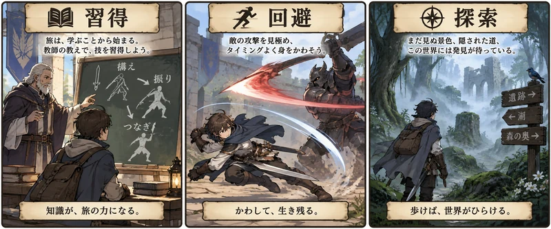 Drova - Forsaken Kinの攻略を考える概念図：戦闘・教師・勢力と探索の進め方