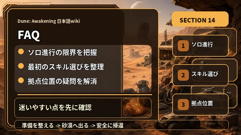 Dune: Awakening 日本語wikiのFAQでソロ進行の限界を把握、最初のスキル選びを整理、拠点位置の疑問を解消を説明するテキスト入り図解