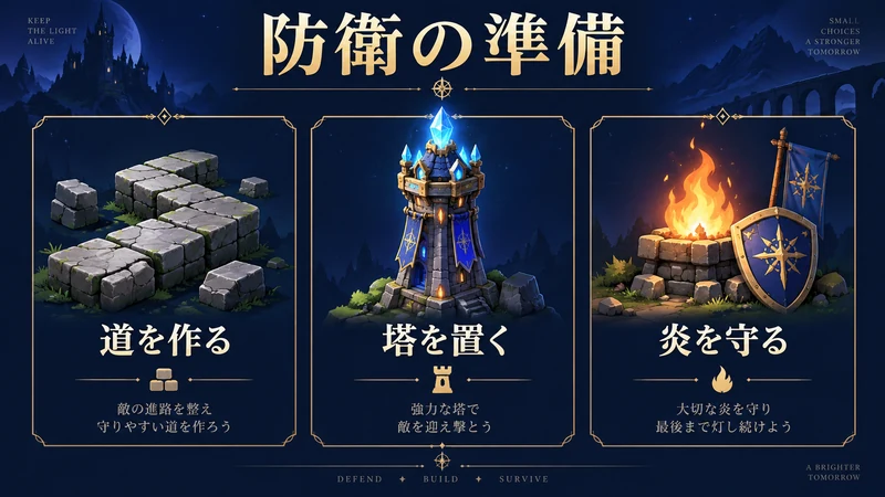 Emberwardの防衛準備：道を作り、塔を置き、命の炎を守る流れ
