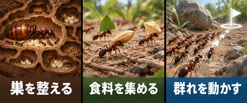 Empires of the Undergrowthの攻略を考える概念図：巣の設計・食料・フェロモン・蟻種・戦闘