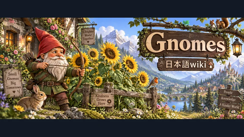 ひまわり畑と小屋のそばで弓を構え、村を守る赤い帽子のノーム:Gnomes 日本語wiki