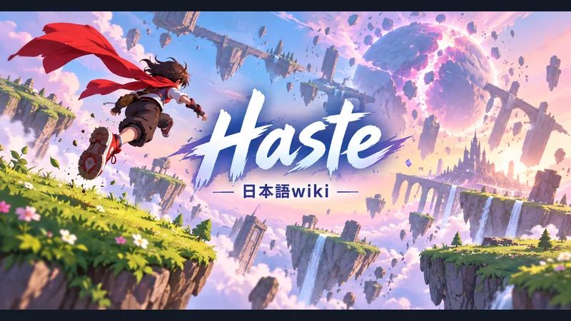 赤いスカーフの走者が浮島の斜面を跳び渡る場面:Haste 日本語wiki