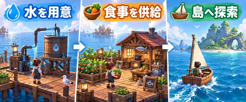 Havendockの攻略を考える概念図：海上集落・住民分担・水と食料・島の探索