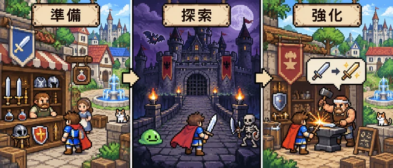 Heroes of Hammerwatch IIの攻略を考える概念図：クラス・街の施設・装備と周回