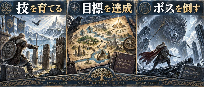 Jotunnslayer: Hordes of Helの攻略を考える概念図：英雄・神の恩恵・目標・レイド・成長
