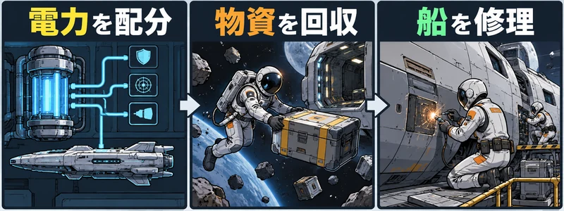 Jump Spaceの攻略を考える概念図：船の電力・修理・回収・任務・協力