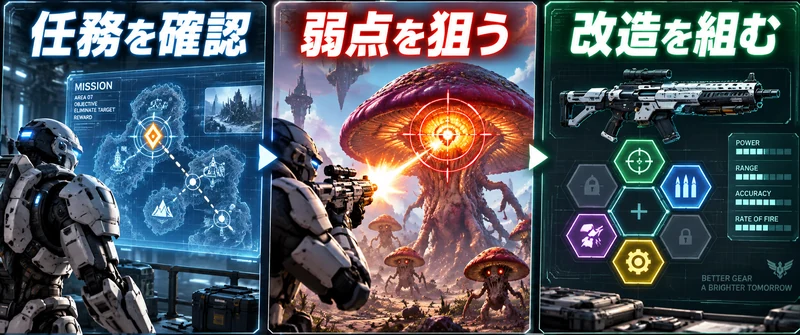 Mycopunkの攻略を考える概念図:武器改造・移動能力・弱点・任務・協力