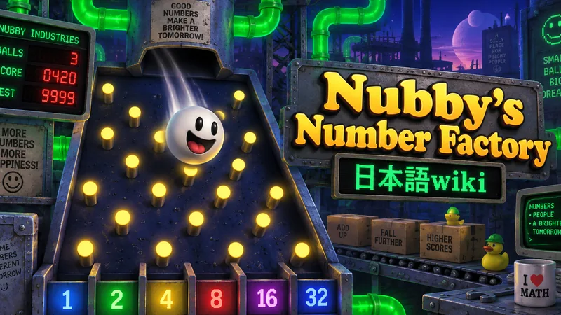 数字のピンが並ぶ工場で白いボールのNubbyを発射するイメージ:Nubby's Number Factory 日本語wiki