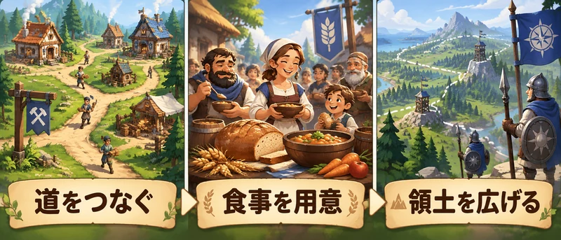 Pioneers of Pagoniaの攻略を考える概念図：物流・生産連鎖・食事・探索・守備