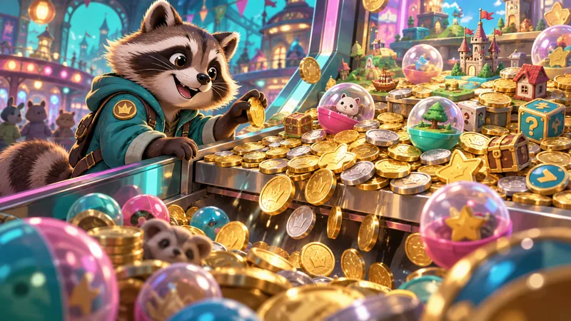 コインプッシャーで金貨を狙うアライグマを描いたRACCOIN日本語wikiのトップ画像