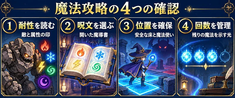 Rift Wizard 2の攻略手順：耐性の確認、呪文選択、安全な位置と残り回数の管理