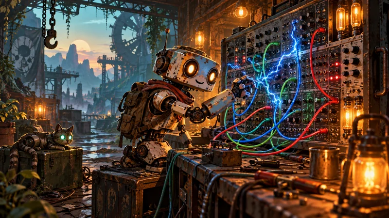 光る配線ラックを修理するロボットを描いたRogue Voltage日本語wikiの紹介画像