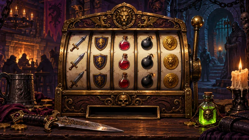 剣・盾・回復薬・爆弾・コインを並べたファンタジーのスロット装置:Slots & Daggers 日本語wiki