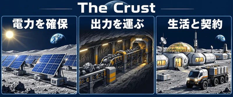 The Crustの攻略を考える概念図：月面採掘・電力・製造・コロニー・契約