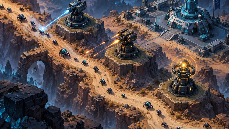 曲がった侵攻路を複数の高台の砲塔で守るSFタワーディフェンスの配置例:Tower Dominion 日本語wiki