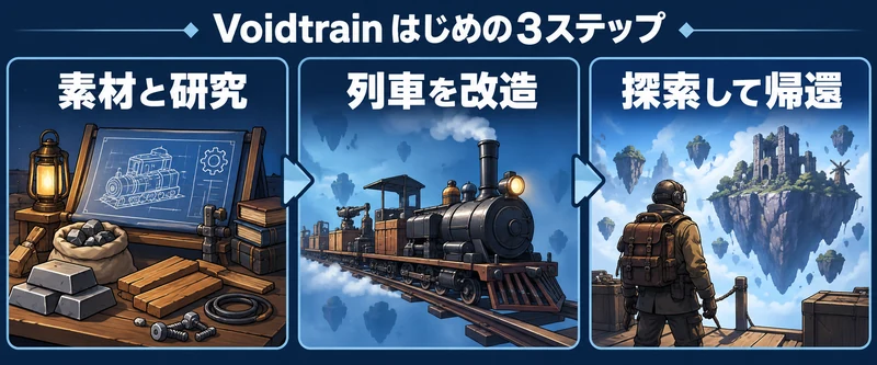 Voidtrainの攻略を考える概念図：研究ポイント・列車改造・素材・ヴォイド探索