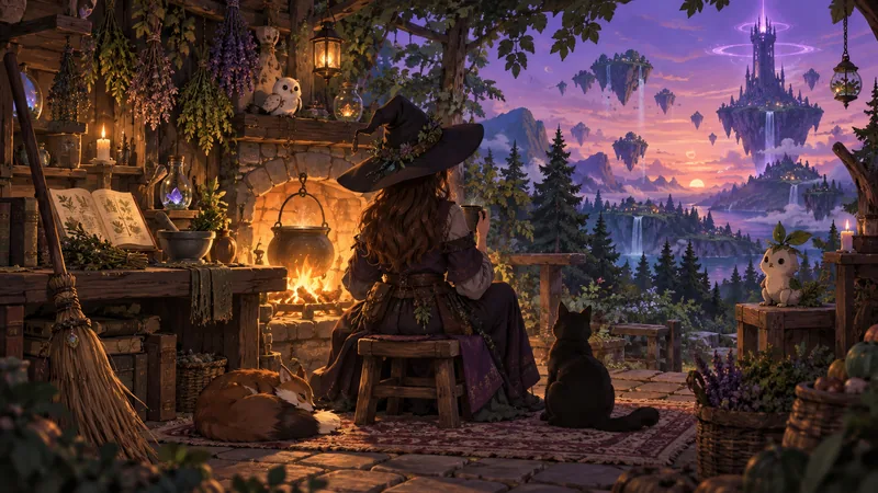 使い魔に囲まれた魔女の炉と浮遊島を描いたWitchspire日本語wikiのトップ画像
